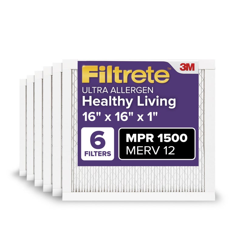 Filtrete 16x16x1 AC Furnace Air Filter, MERV 12, MPR 1500, CERTIFIED asthma & allergy friendly, 3 Month Pleated 1-Inch Electrostatic Air Cleaning Filter, 6-Pack (Actual Size 15.81x15.81x0.78 in) - Image 1